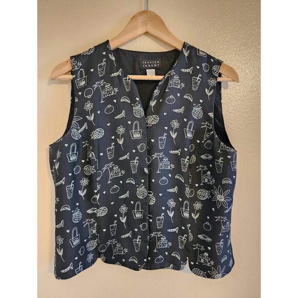 SPENSER JEREMY 100% Silk Vest With Whimsical Black and White Print Size L - Picture 1 of 5